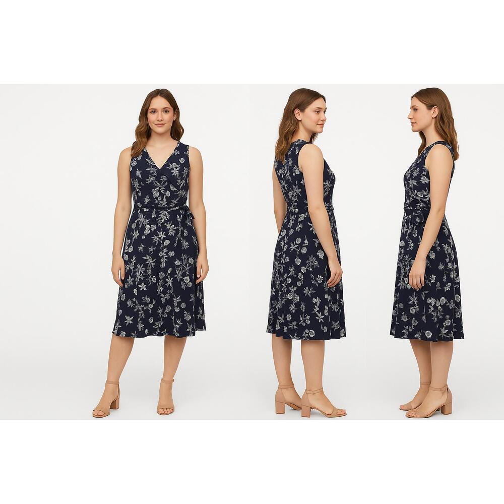 NWT 41 Hawthorn Dress Womens Blue Large Blue Floral Faux Wrap Belted Sleeveless‎